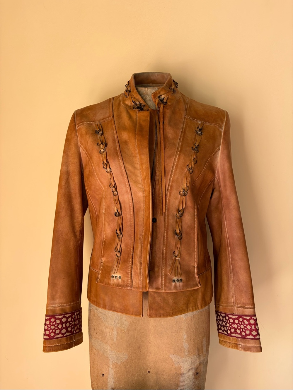 Vtg 90s Y2k Sheepskin Leather Embroidered Military Jacket Boho Western Japan